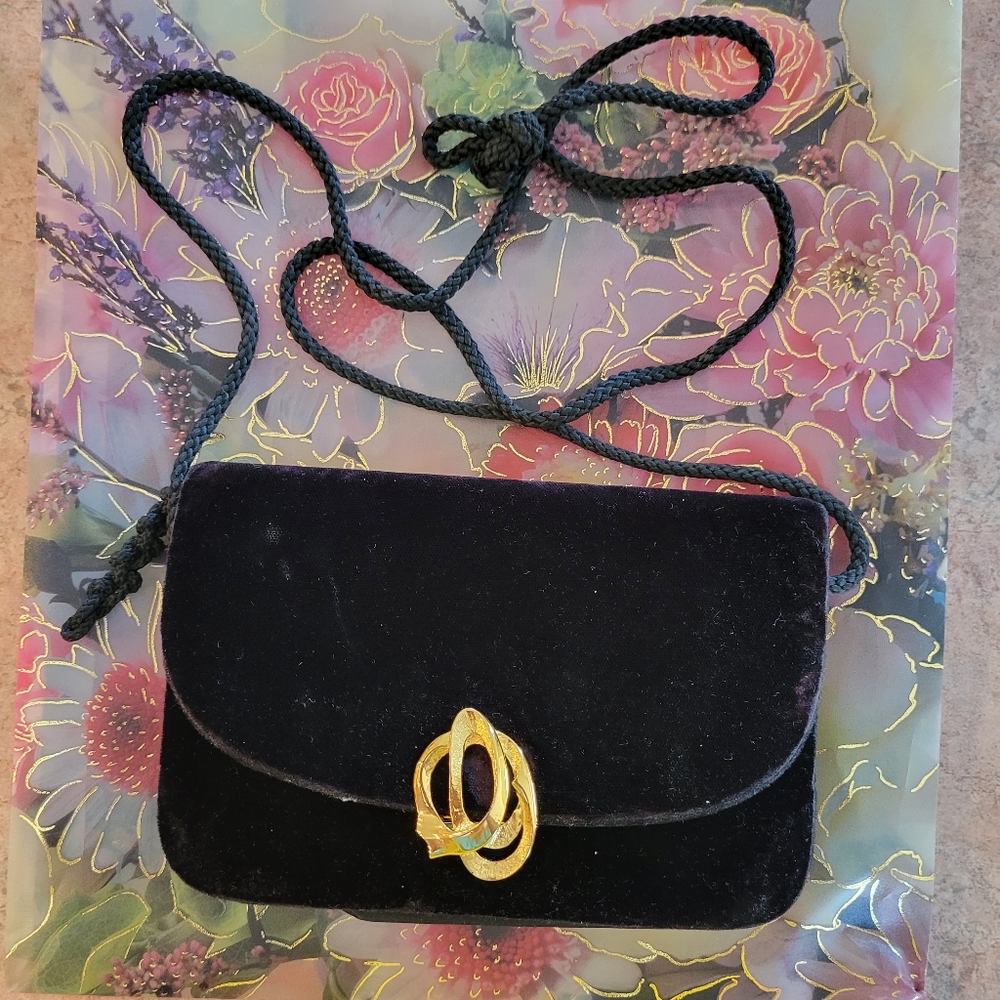 Little Black Bag with Gold Embellishment ~ Velvety Feel ~ Pretty! GUC